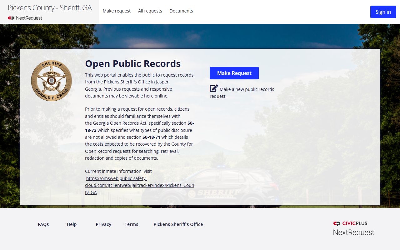 Pickens County Clerk of Superior Court sheriff NextRequest law enforcement records channel