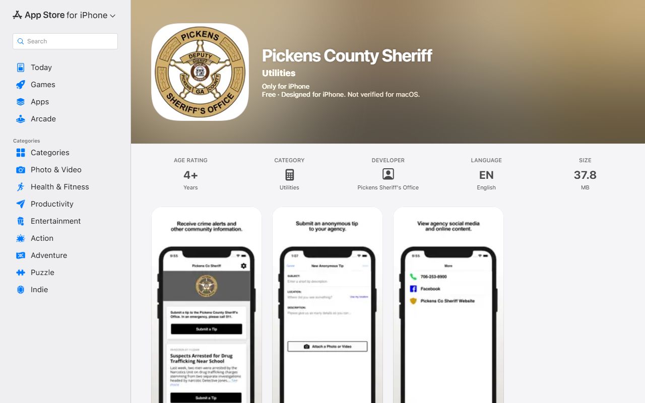 Pickens County arrest records and sheriff app Apple listing