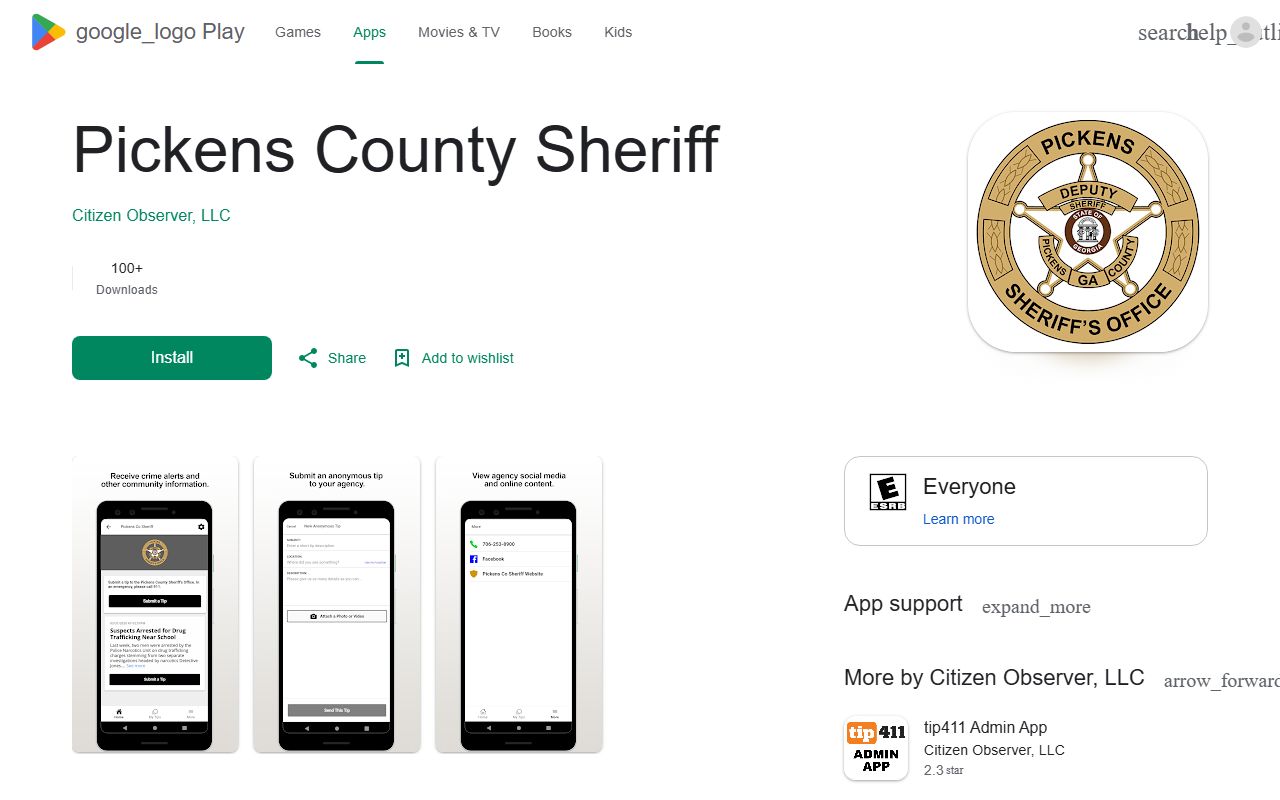 Pickens County arrest records and sheriff app Google Play listing