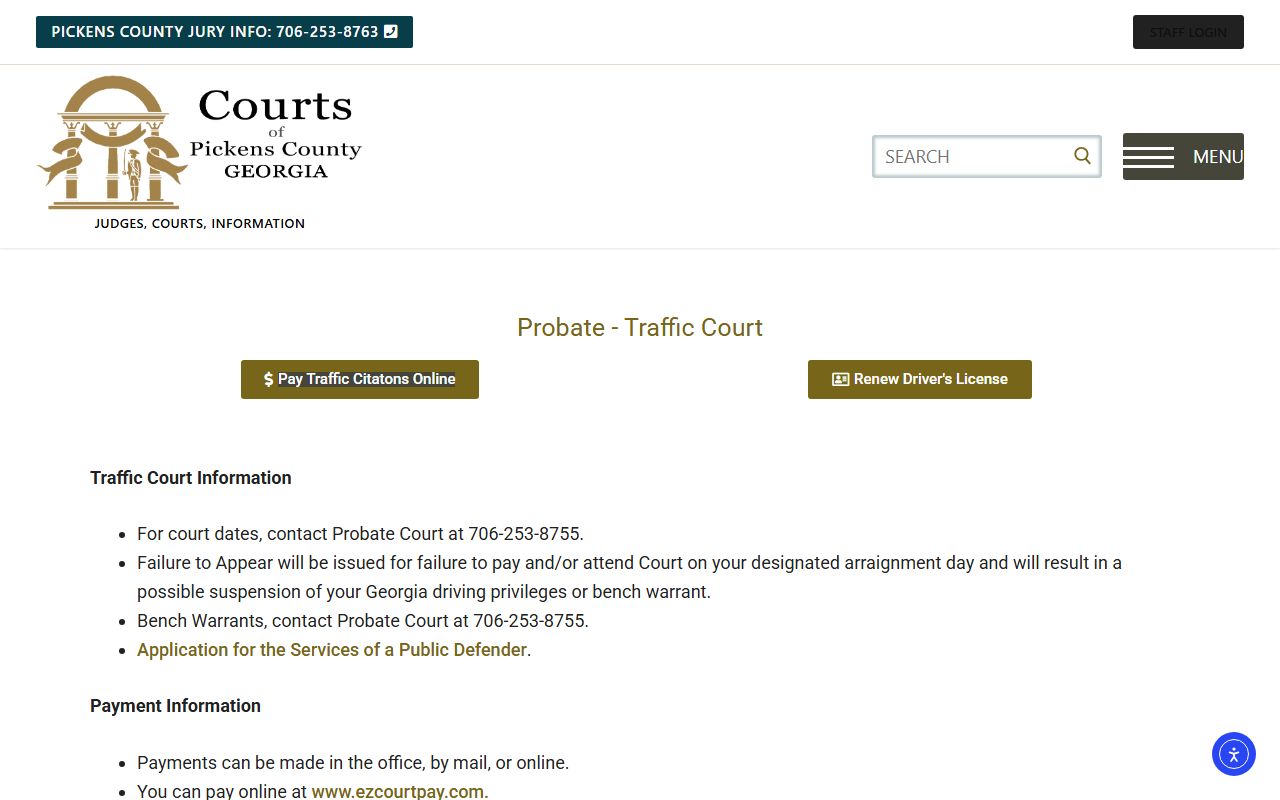 Pickens County traffic court records Probate Traffic Court page